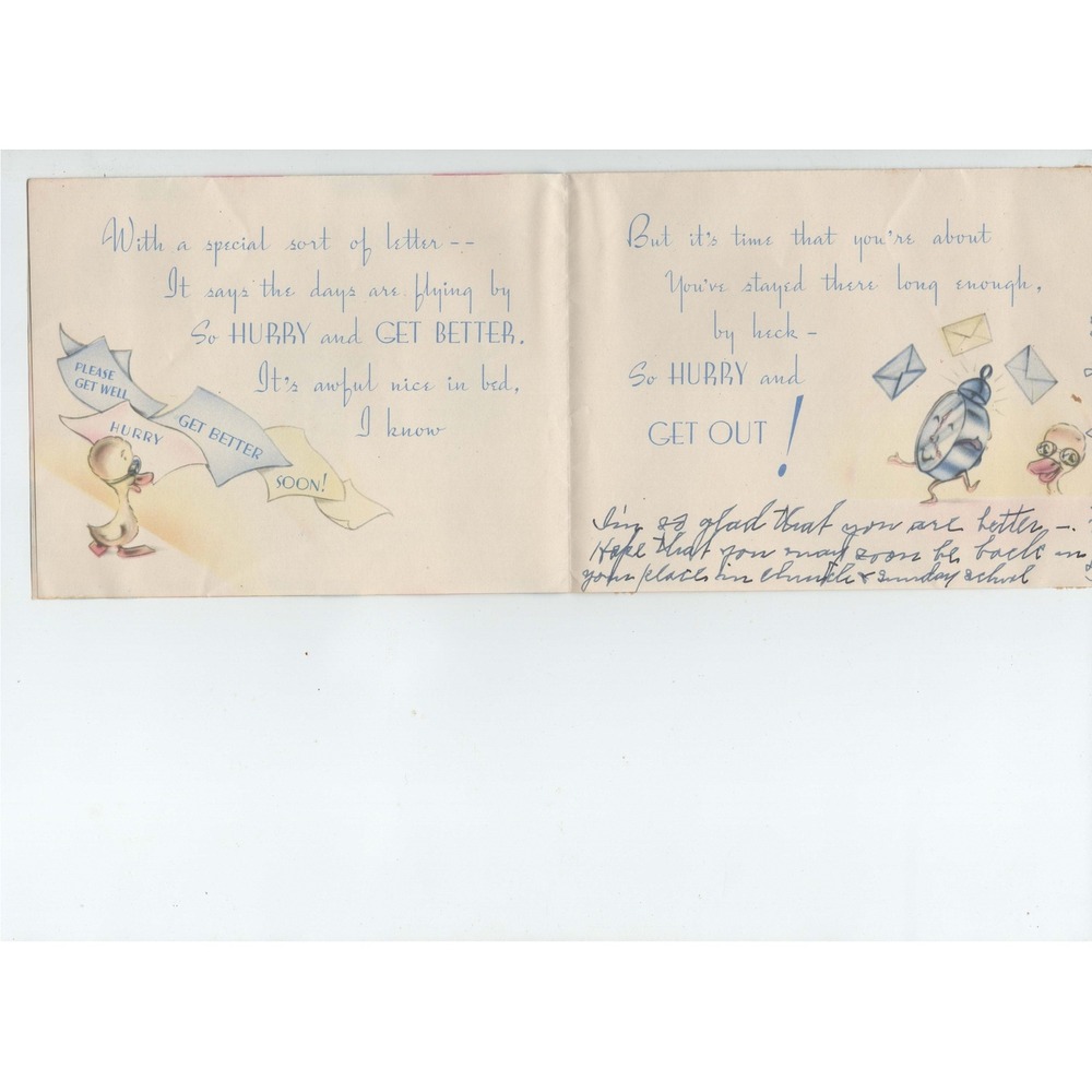 Vintage 1940s-50s Air Mail Pilot Duck Get Well Card Pink Airplane Used - Picture 2 of 2